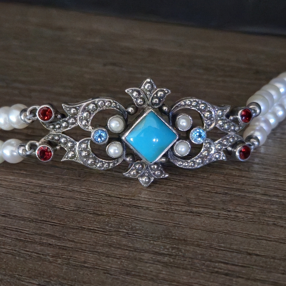 Nicky Butler 925 Sterling Silver Turquoise Pearl Garnet Topaz Designer Bracelet - Picture 13 of 16